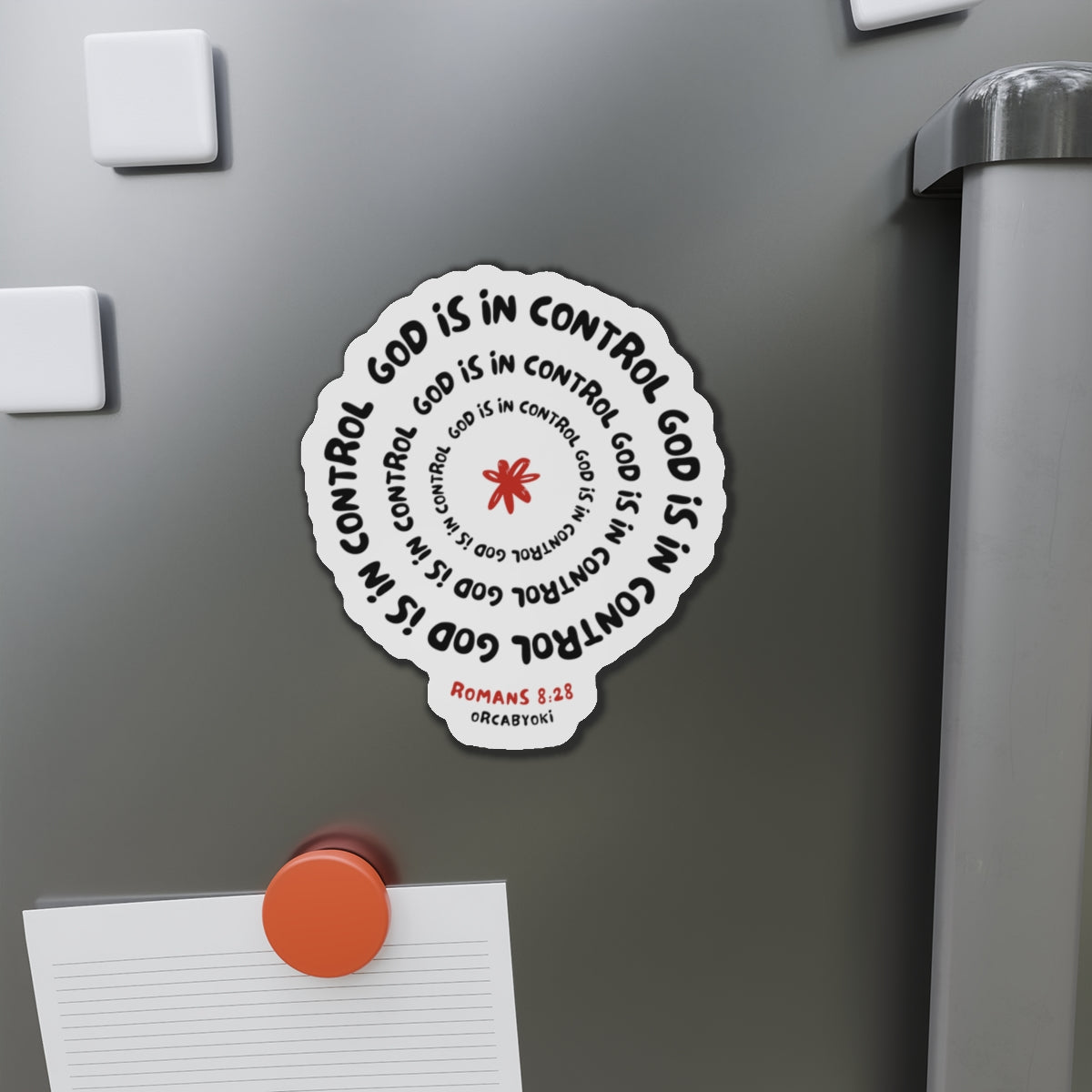 God Is In Control Die-Cut Magnet — Romans 8:28 Inspirational Bible Verse Sticker Magnet