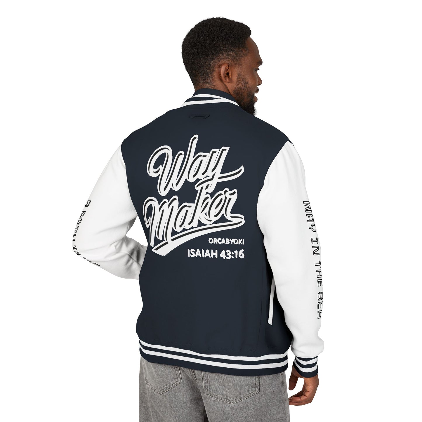 Way Maker Isaiah 43:16 II Letterman Jacket — Vintage Varsity Script